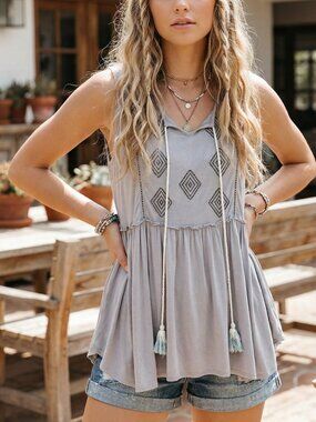 Pol L Baby Doll Tank Top Gray Embroidered Tunic Fairy Grunge Cottage Heirloom